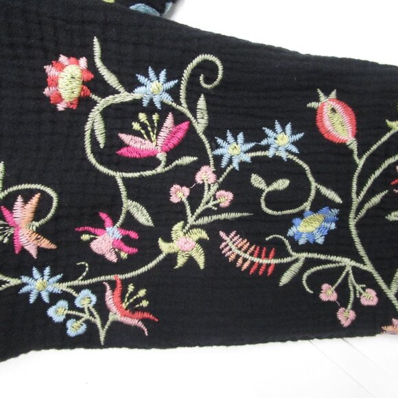 Floral Embroidery Tunic Top Black Cotton Gauze Bohemian - Picture 9 of 15